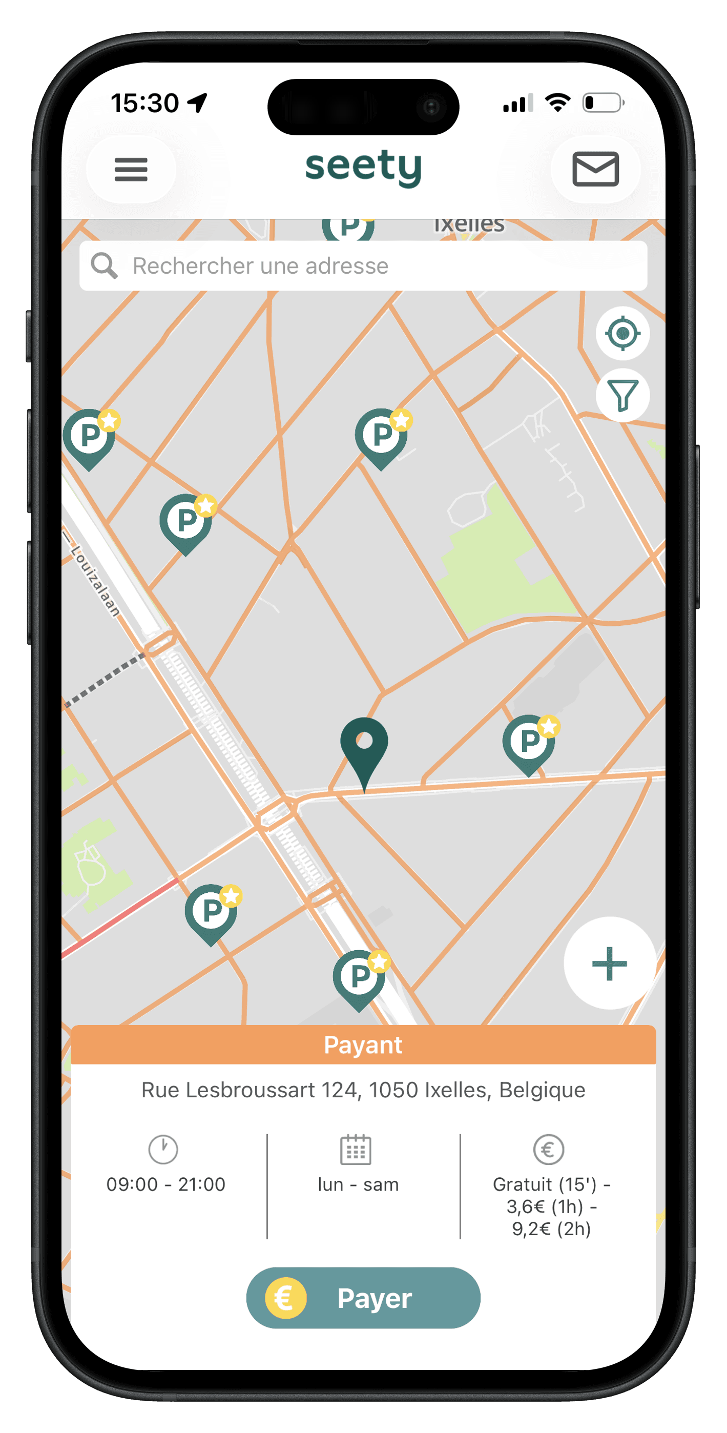 Écran de téléphone affichant l'interface de session de stationnement de l'application Seety