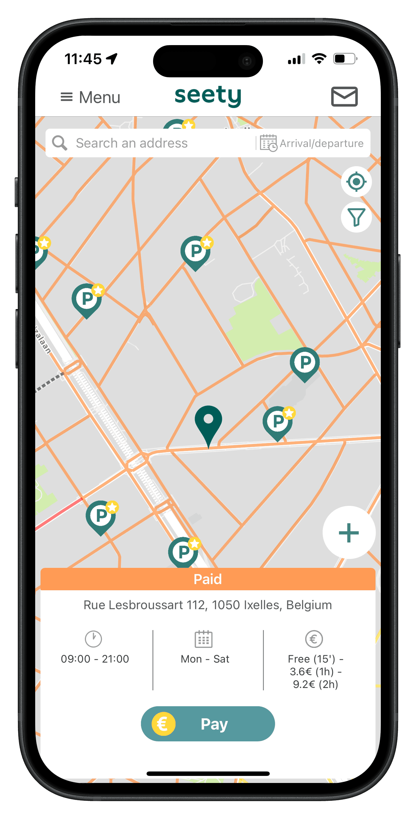 Seety app screen showing a paid parking session