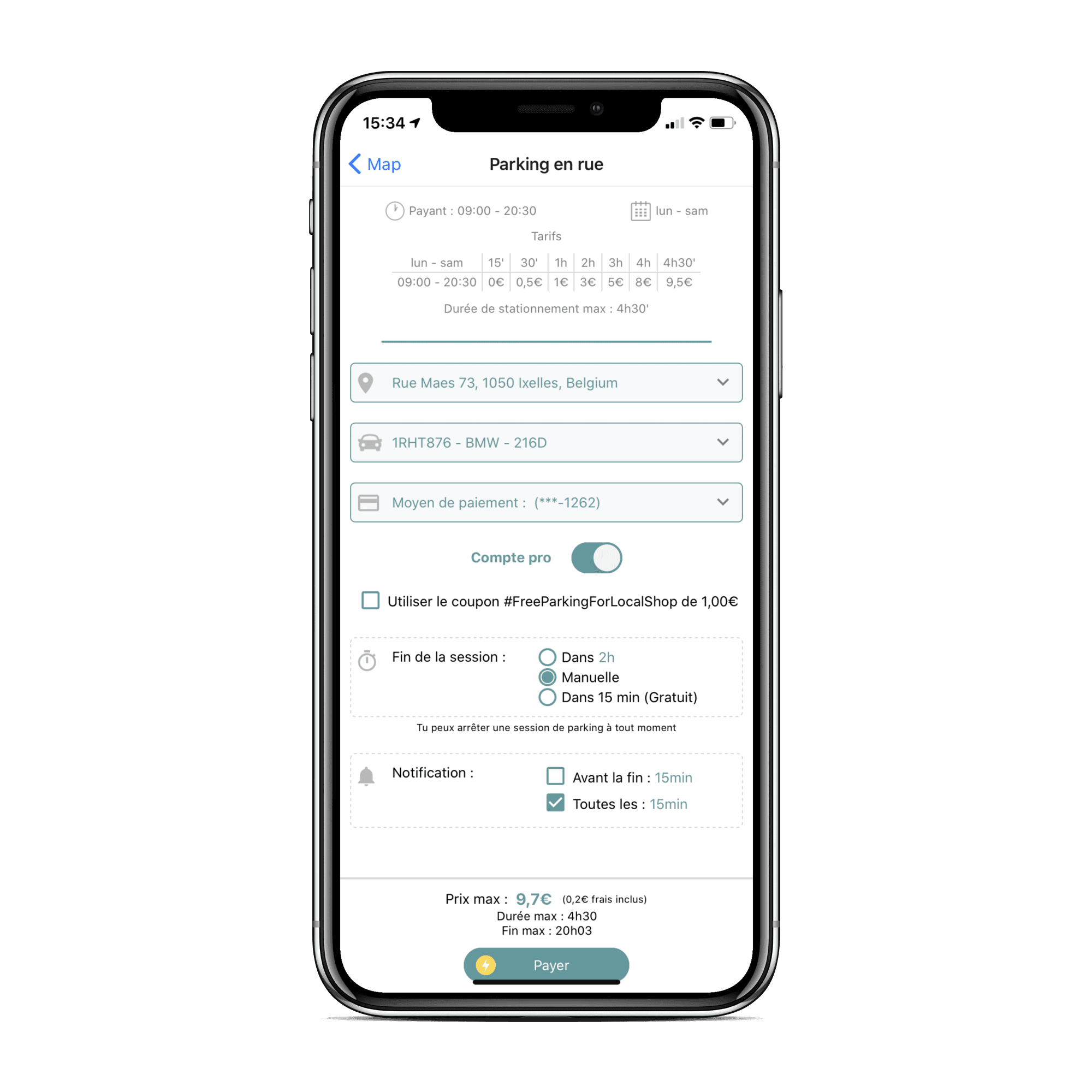 Activer le session de stationnement professionnel