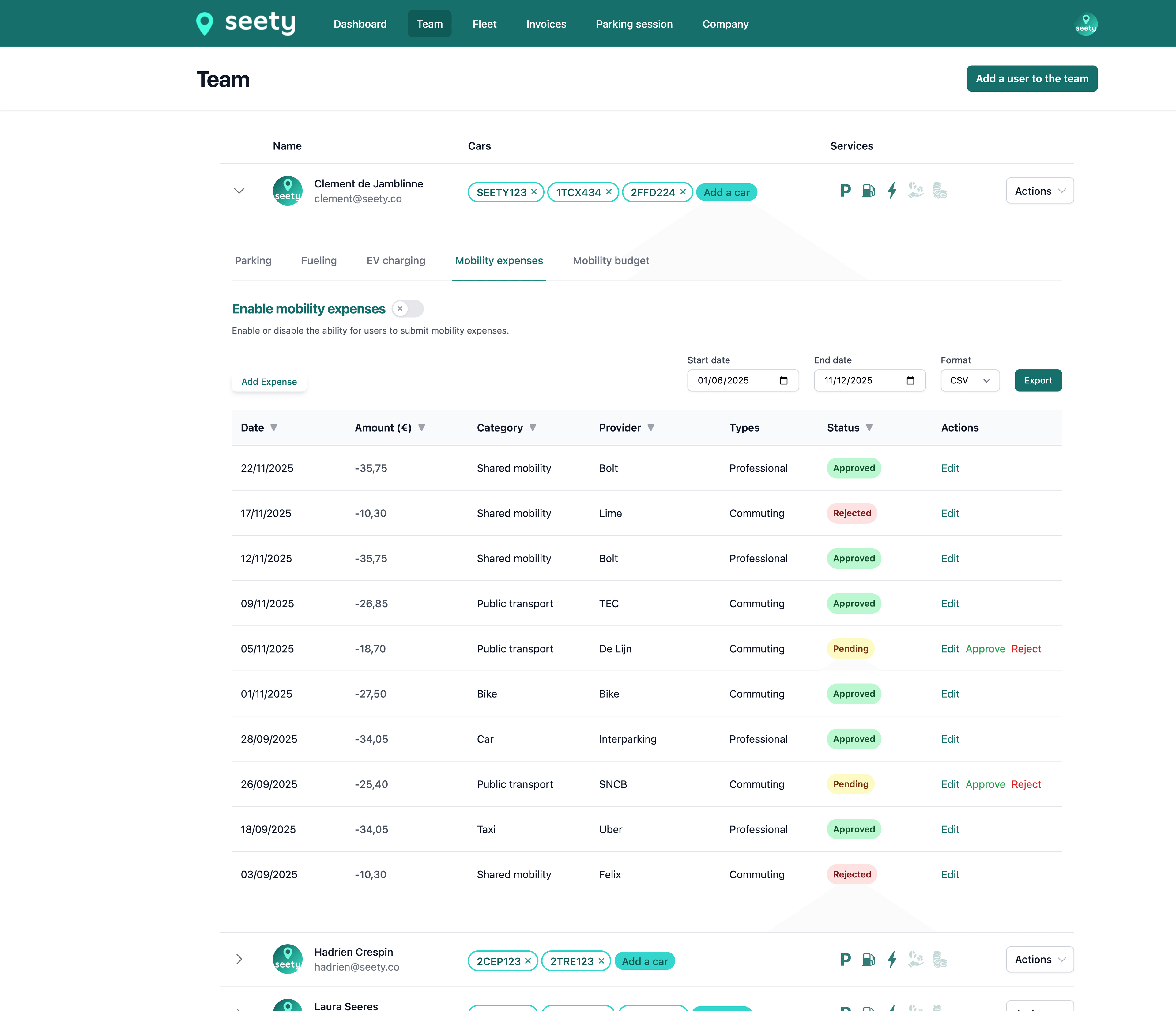 Dashboard showing Seety business mobility analytics